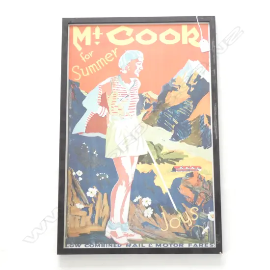 FRAMED RAIL ADVERTISING PRINT ' MT COOK FOR SUMMER'  390 X 520MM