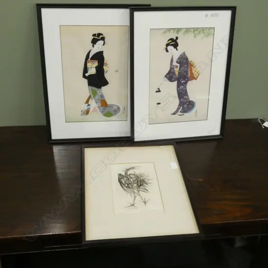 2 JAPANESE PAINTINGS OF GIRLS & AN ABSTRACT 350 X 40mm