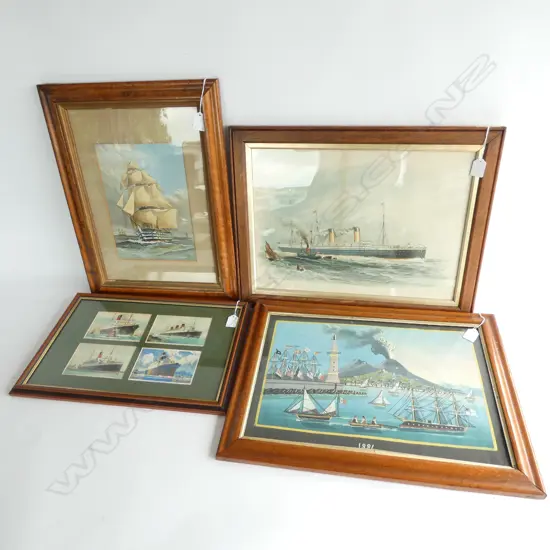 4 SHIP PRINTS; 2 IN BIRDS EYE MAPLE FRAMES; 4 POSTCARDS, SAILBOAT, NAIVE SCENE, OCEANIC LITHOGRAPH 325x450mm