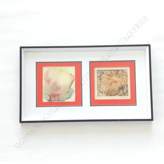 2 x SMALL SURREALIST PAINTINGS BY ARTHUR HIPWELL OIL ON PAPER IN SINGLE FRAME 130mm x 140mm & 110mm x 130mm