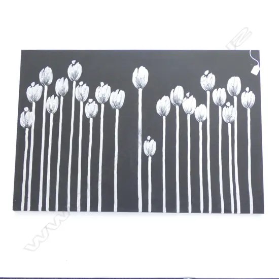 LG MIXED MEDIA CANVAS SILVER TULIPS ON BLACK - ARTIST UNKNOWN  910 X 610MM