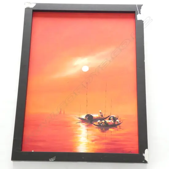LG OIL ON BOARD - ORIENTAL SUNSET BOAT SCENE - SIGNED  800 X 570MM