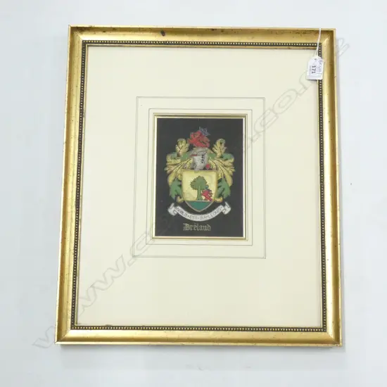 FRAMED EMBROIDERED DRELAUD FAMILY CREST / SHIELD...