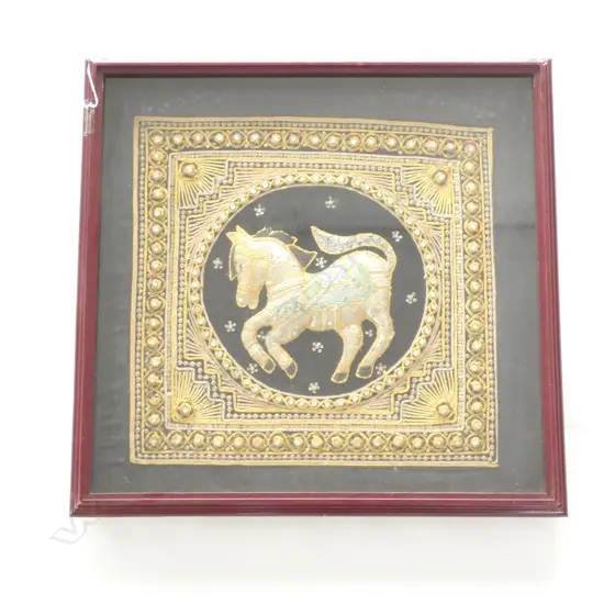 MIDDLE EASTERN FRAMED BEADED & SEQUINNED HORSE  420 X 400MM