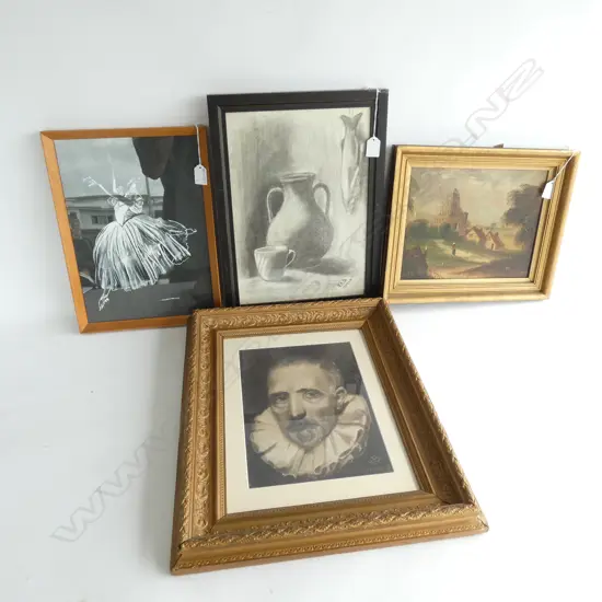 4 ARTWORKS; GILT FRAME CLOWN OIL 295x210, LANDSCAPE OIL, PENCIL STILL LIFE, BALLERINA