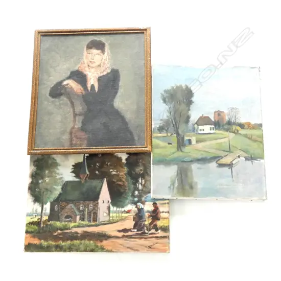 3 OIL PAINTINGS ON CANVAS; 2 LANDSCAPES & 1 PORTRAIT (LARGEST 500 X 400MM)