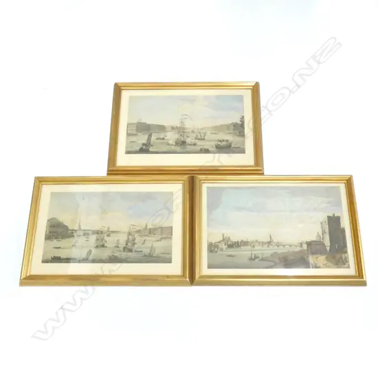 SET OF 3 EARLY COLOURED ENGRAVINGS - CITY AND RIVER VIEWS...