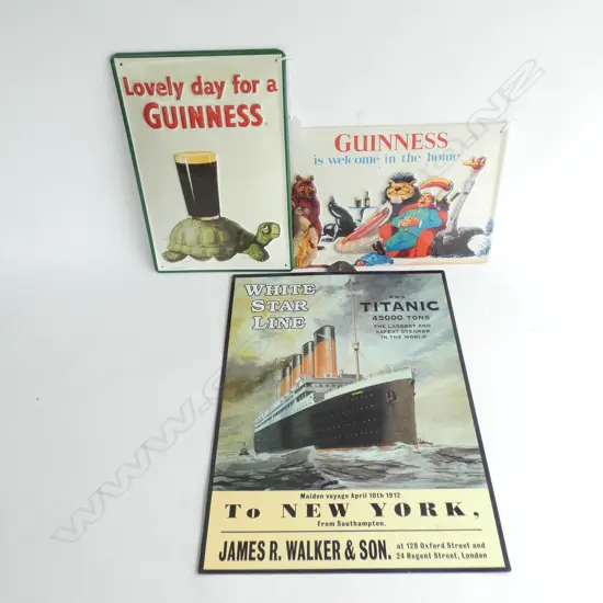 3 METAL SIGNS; 2x GUINNESS + WHITE STAR LINE 'TITANIC' 400x300mm