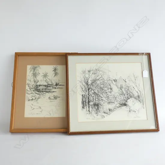 2 FRAMED PEN & INK PRINTS;SHONA MCFARLANES  OLVERTON DUNEDIN & JOHN POYNTON SAMOA '81  (LARGEST 315 X 275MM)