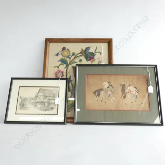 FRAMED FLORAL EMBROIDERED PICTURE + 2 PRINTS 440 X 340 MM 