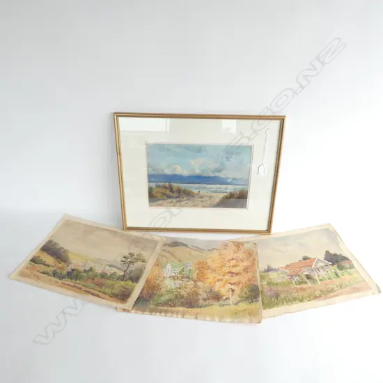 J A TOPLISS OIL LAKE SCENE WITH 3 UNFRAMED W/COLOURS 440 X 340 MM