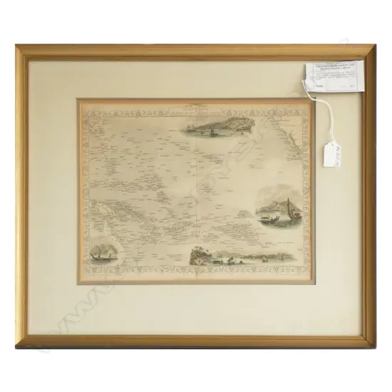 FRAMED POLYNESIAN HAND COLOURED ENGRAVING - 340 X 290MM