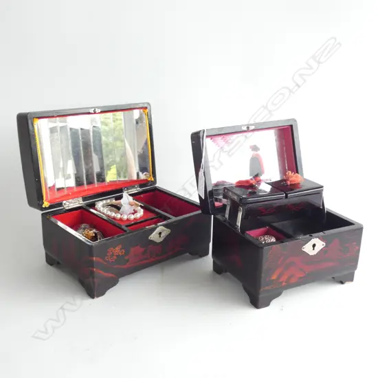 2 LACQUERED JEWELLERY BOXES + ASST. COSTUME CONTENTS