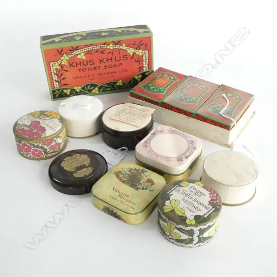 VINTAGE BOX 3 WRAPPED KHUS KHUS SOAPS L.185mm + 4 UNOPENED VINTAGE FRENCH FACE POWDER; 1 BAKELITE