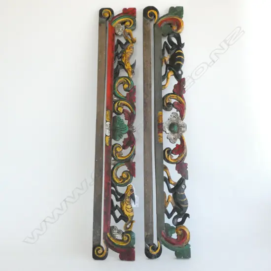2 INDONESIAN CAVED PAINTED HARDWOOD TEXTILE HANGERS