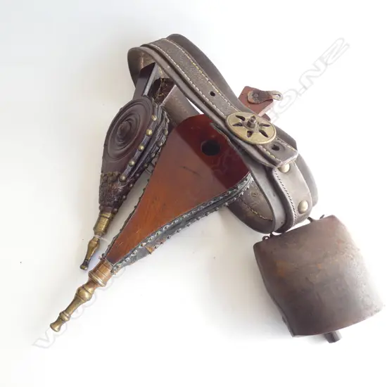 OLD COW BELL & LEATHER COLLAR + 2 FIRE BELLOWS 