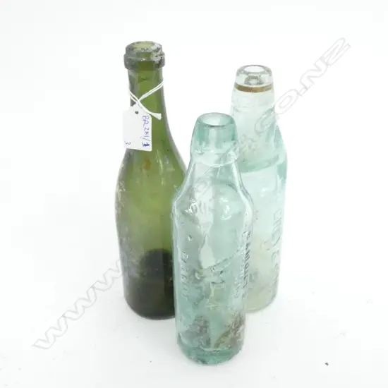 3 ANTIQUE BOTTLES; 1 CODD...