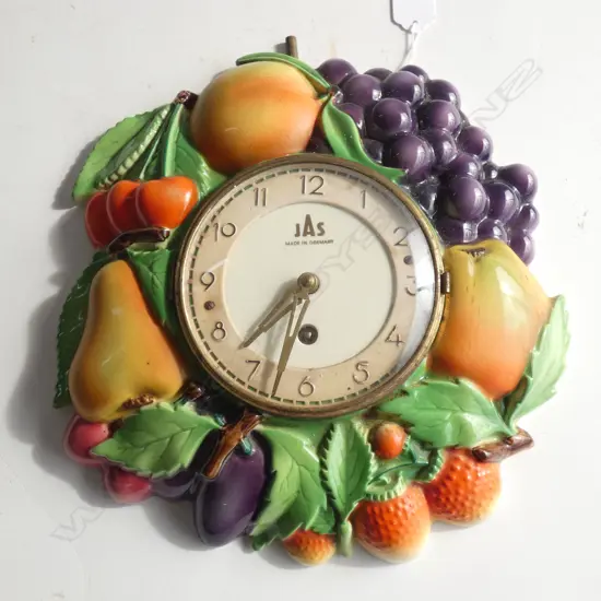 VINTAGE GERMAN JAS FRUIT CERAMIC WALL CLOCK WITH KEY - WORKING DIA 310MM