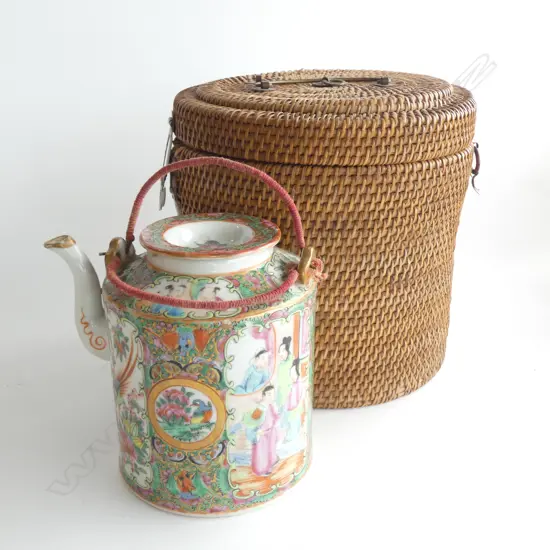 (27) OLD CHINESE CANE CASED FAMILLE ROSE TEAPOT