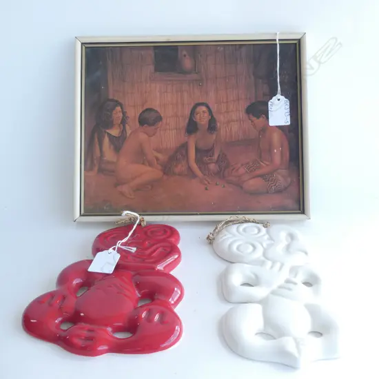 PR CERAMIC WALL TIKI (1 RED / 1 WHITE) (H. 200MM) + OLD FRAMED MAORI PRINT (250 X 200MM)