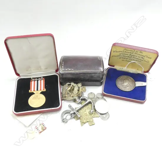 SM LEATHER BOX OLD MEDALS / COINS ETC. + 2 COLLECTABLE COINS IN BOXES ....