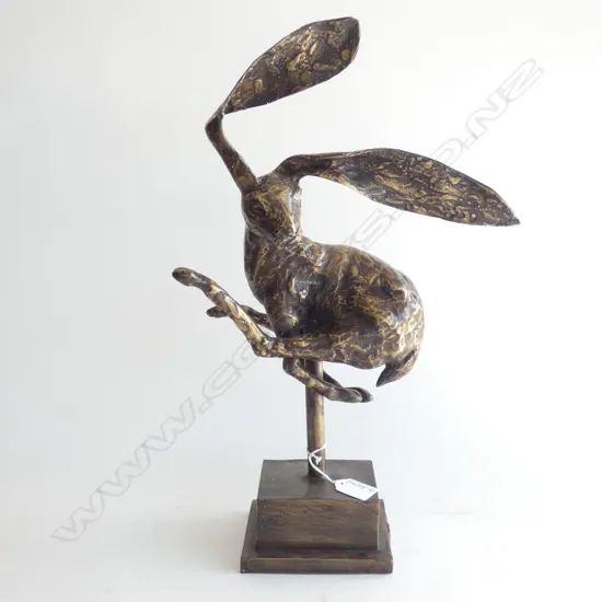 STYLISH BRONZE 'SURPRISED' HARE ON BRONZE STAND