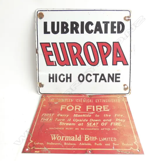 2 NZ TIN SIGNS 'LUBRICATED EUROPA HIGH OCTANE' 250x285mm & 'FOR FIRE... WORMALD BROS.'