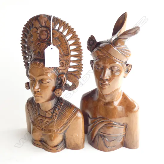 CARVED WOODEN BALINESE MAN & WOMAN IN TRADITIONAL HEADWEAR H. 280MM