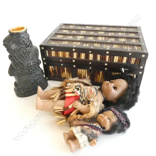 PORCUPINE QUILL BOX PR MAORI DOLLS + RESIN CELTIC CANDLE STICK
