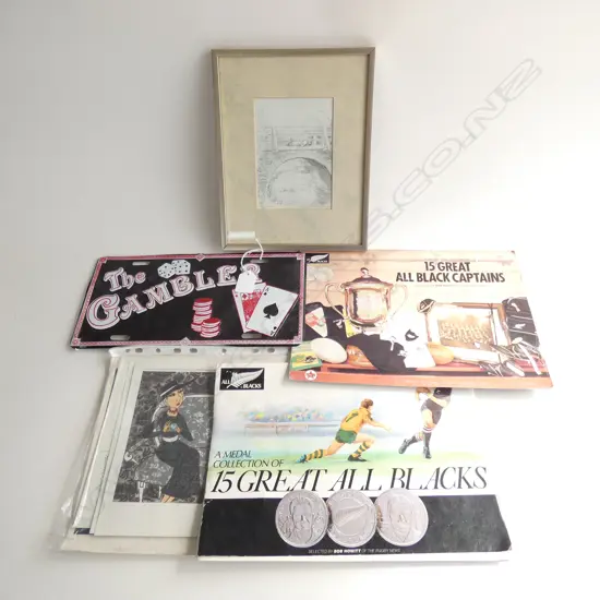 ASST EPHEMERA / 2 ALL BLACK MEDAL COLLECTIONS / TINPLATE 'THE GAMBLER' + PRINT