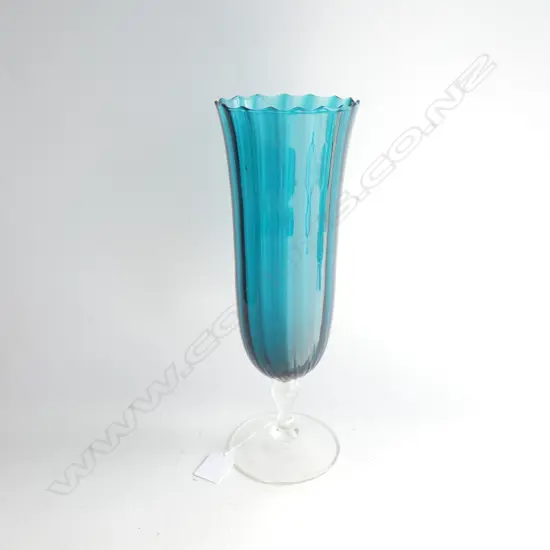 RETRO BLUE GLASS VASE CLEAR PEDESTAL BASE H.300mm