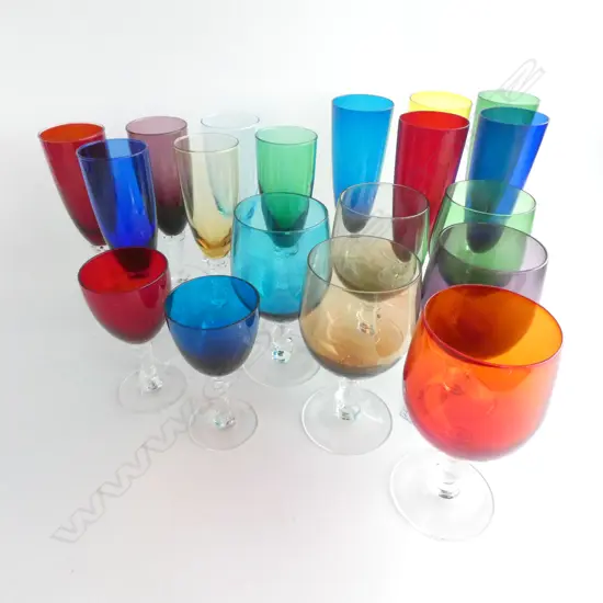 ASST COLOURED GLASS STEMWARE - 19 GLASSES;  4 DIFFERENT SIZES - DECORATIVE CLEAR GLASS STEMS