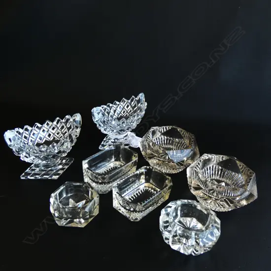 3 PAIRS GLASS SALTS + 2 OTHER 