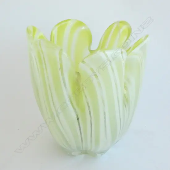 RETRO FRILLED ART GLASS VASE GREEN CLEAR WHITE H.190mm