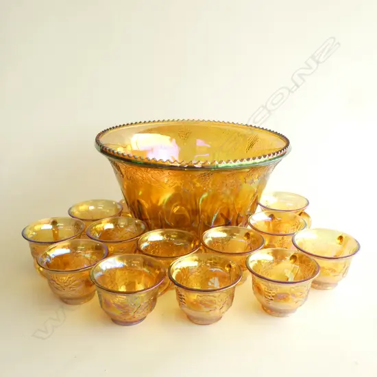 ORANGE GLASS PUNCH BOWL & 12 CUPS 310mm dia