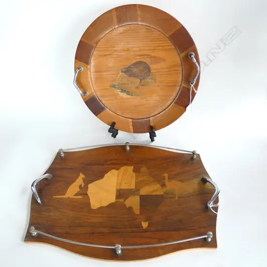 2 WOODEN INLAID TRAYS; NZ 370mm dia & AUSTRALIA W.500mm