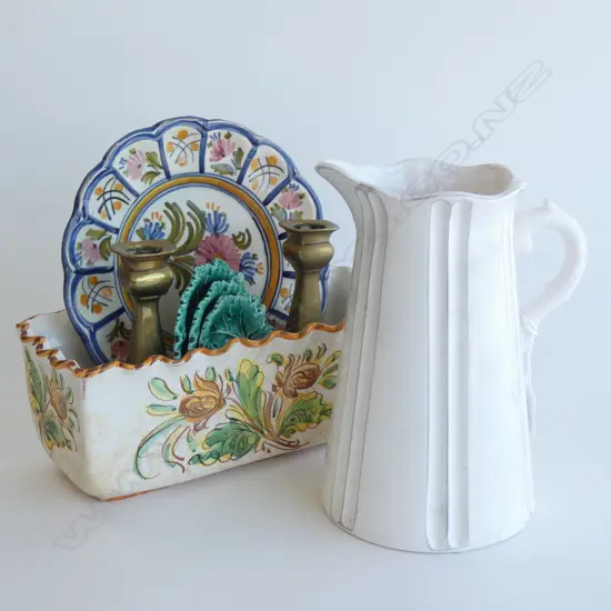 LARGE WHITE JUG H.230mm, ITALIAN CERAMIC PLANTER; PLATE, PR CANDLESTICKS ETC