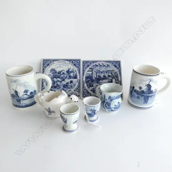 8 PCS BLUE & WHITE DELFT; 2 TANKARDS / TILES / EGG CUPS / WATERING CAN ETC. 1 PC HAS CHIP
