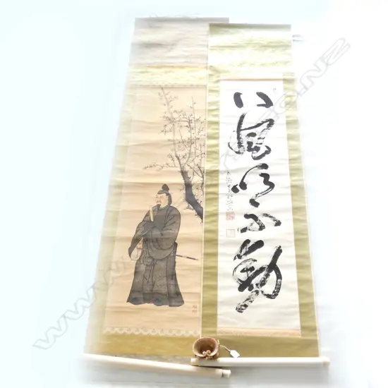 2 VINTAGE CHINESE SCROLLS. BLOSSOM & CALIGRAPHY 