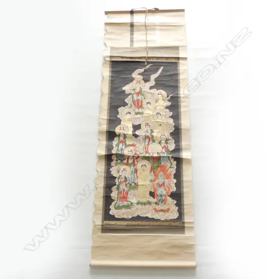 OLD CHINESE SCROLL HAND PAINTED WITH MULIPLE DEITIES.