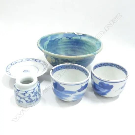 2 MING STYLE CUPS + BLUE BOWL 155mm & JAR & PLATE