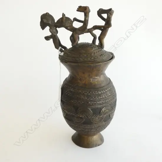 AFRICAN BRONZE LIDDED VESSEL FIGURES + ANIMALS...