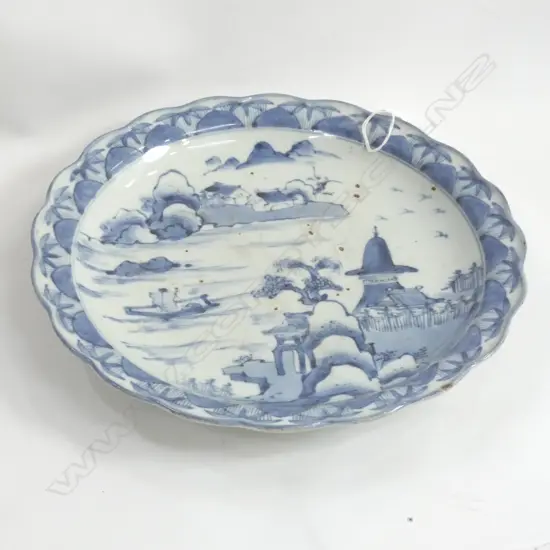 QING DYNASTY B&W PLATE FEATURING KARST MOUNTAINS AND A CHINESE TEMPLE