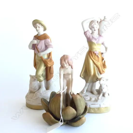 3 ROYAL DUX FIGURES; SHEPHERD & SHEPHERDESS H.245mm + FLOWER NYMPH 