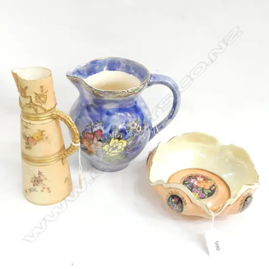 3 PCS PORCELAIN; 1 BOWL (DIA 180MM) & 2 JUGS INCL ROYAL WORCESTER BLUSH IVORY JUG (H 200MM) 
