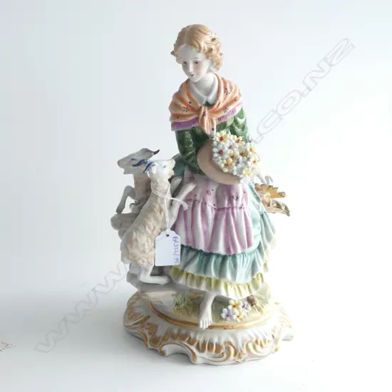 GERMAN HARD PASTE FIGURINE LADY w. 2 GOATS H.305mm