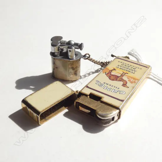 2 OLD CIGARETTE LIGHTERS; 1 MINIATURE WITH CHAIN & SHARP CAMEL LIGHTER C1959