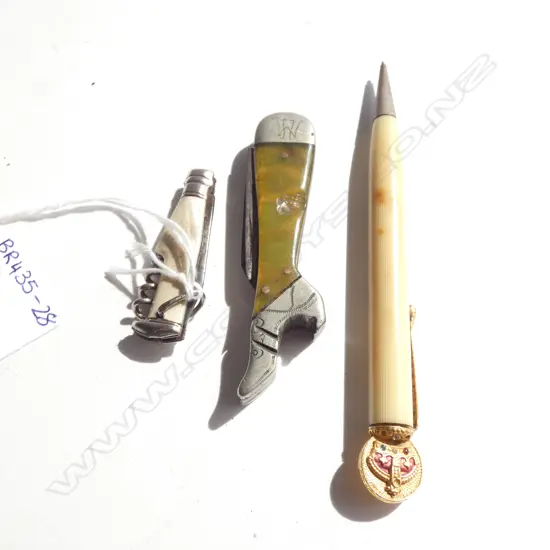 CELLULOID1953 CORONATION PENCIL & 2 OLD PEN KNIVES (BOOT & PEARL HANDLE)...