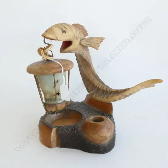 VINTAGE CARVED HORN & WOOD FISH LAMP A.F H.260mm
