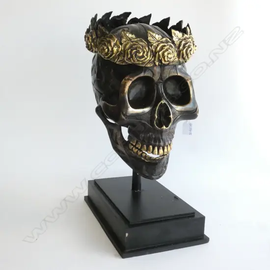 LGE BRONZE SKULL WITH ROSE CROWN SCULPTURE...